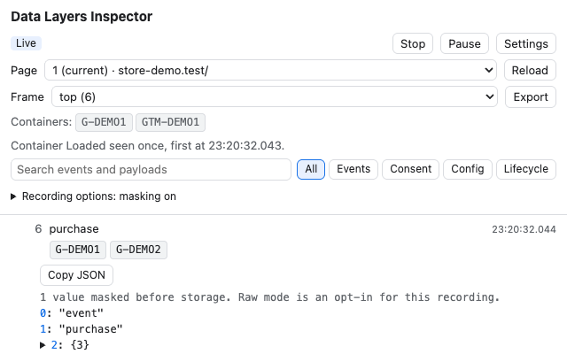 Inspector showing a purchase event, container and send_to badges with email masking on.