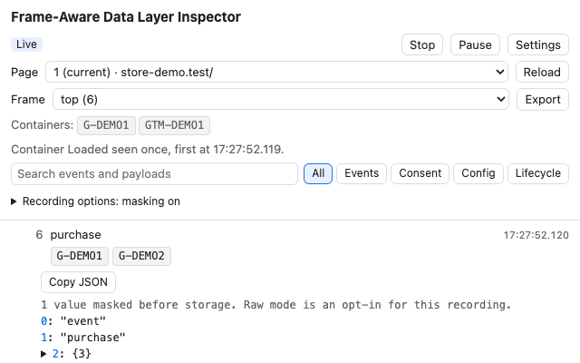 Inspector showing a purchase event, container and send_to badges with email masking on.