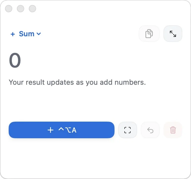 The compact view in light mode: the operation menu, the result, and a row with the add shortcut, capture, undo and reset buttons.
