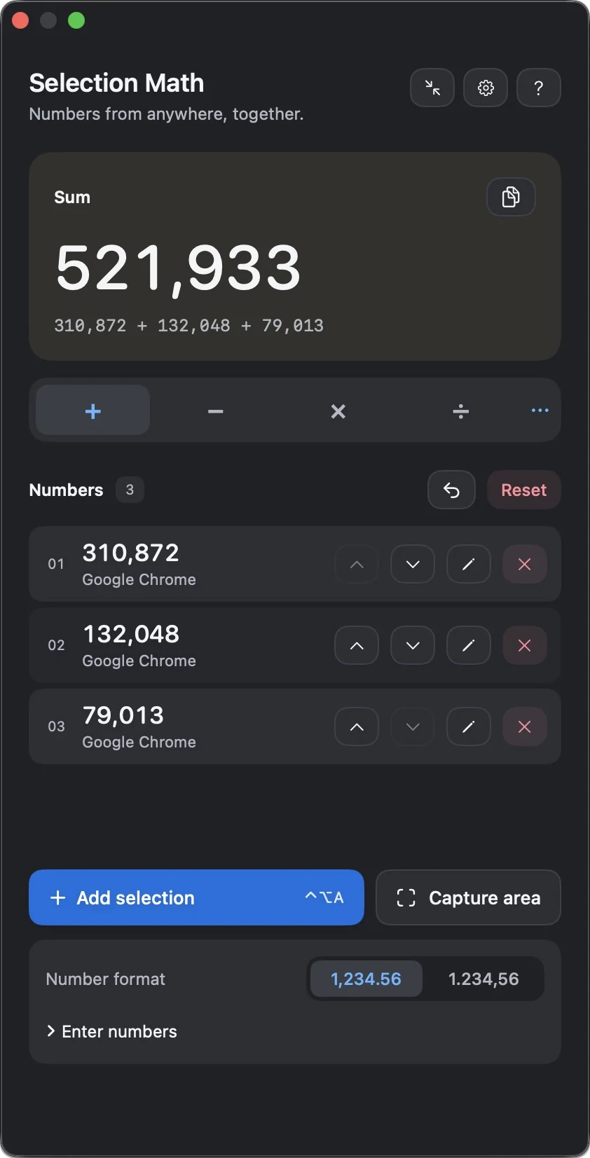 The Selection Math panel in dark mode: a sum of 521,933 from three numbers copied in Google Chrome, each listed with its source and controls to reorder, edit or remove it.