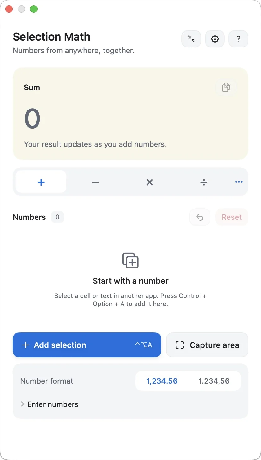 The full panel in light mode before any numbers are added, with the operation selector, Add selection and Capture area buttons, and the number format switch.